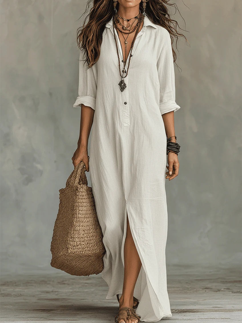 Nadine – Relaxed V-Neck Button Maxi Dress