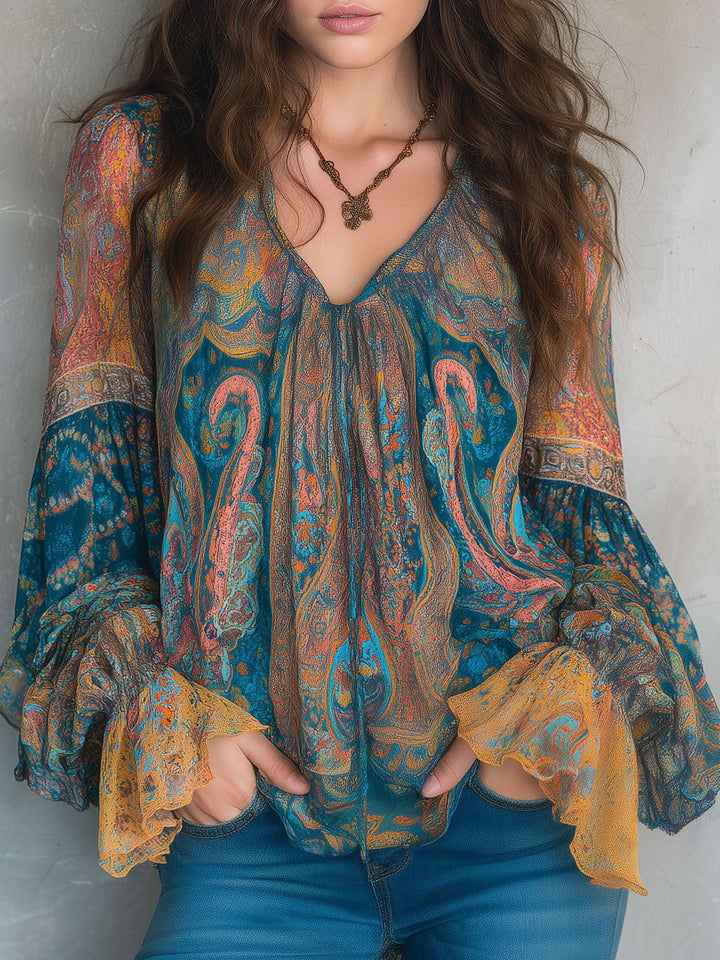 Hilary – Bohemian Teal and Amber Paisley Blouse with Ruffled Cuffs