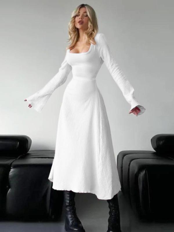 Erin – Sophisticated Lace-Up Tie Back Flounce Sleeve A-Line Long Dress