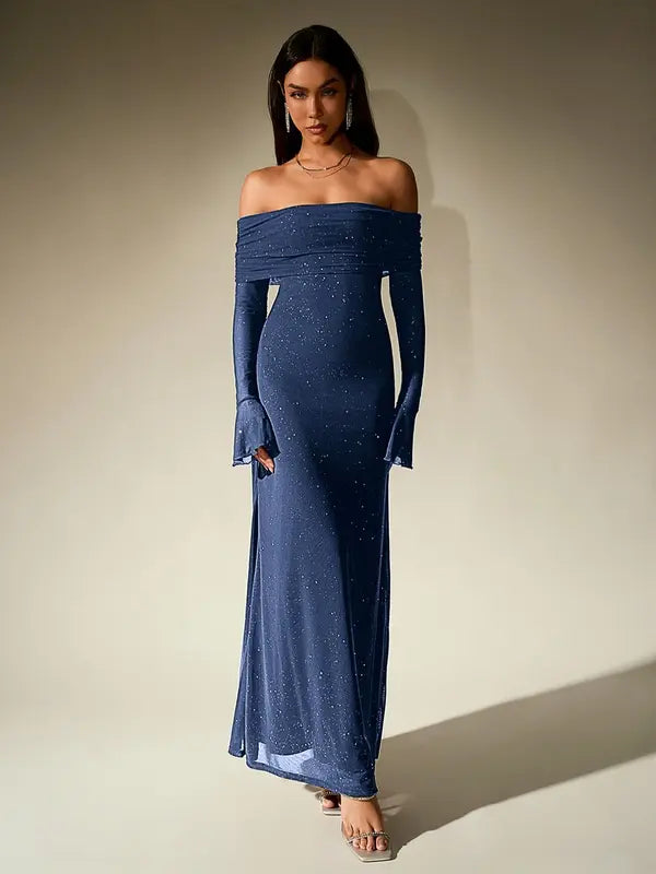 Andrea – Off-The-Shoulder Ruched Contrast Sequin Bodycon Dress