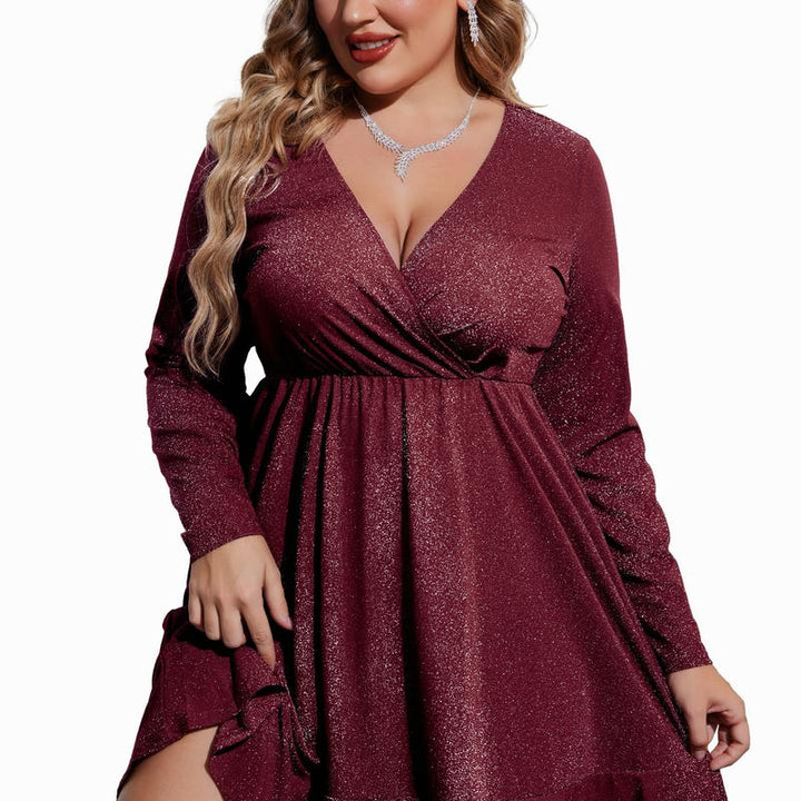 Eileen – Plus Size Glitter V-Neck Ruffle Hem Swing Cocktail Dress