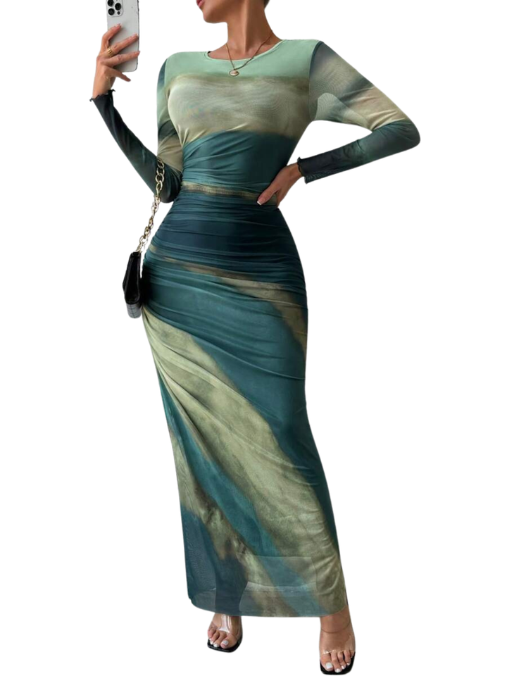 Sally – All-Over Print Ruched Bodycon Long Sleeve Round Neck Party Dress