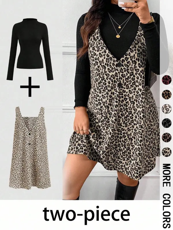 Cressida – High Neck Top and Leopard Print Strap Skirt Two-Piece Set