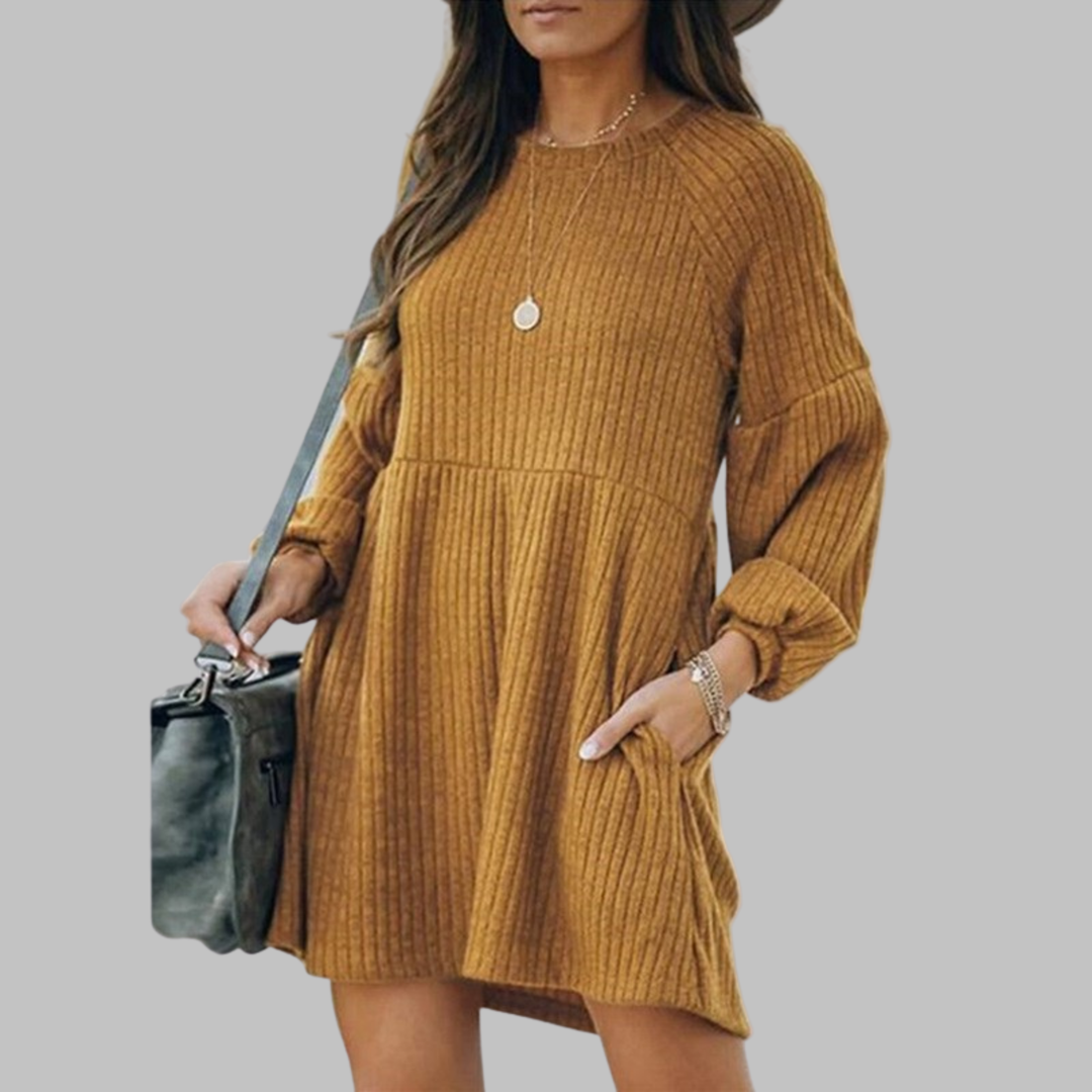 Anthea – Cosy Ribbed Bishop Sleeve Round Neck Mini Dress