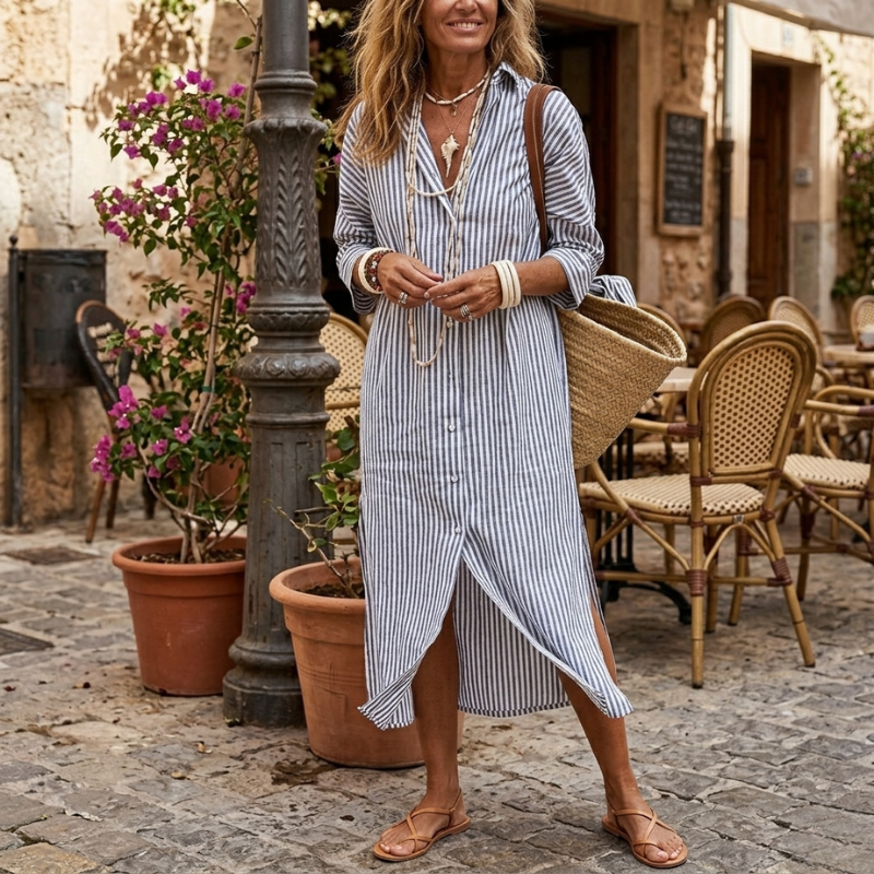 Sophia – Striped Linen Midi Shirt Dress