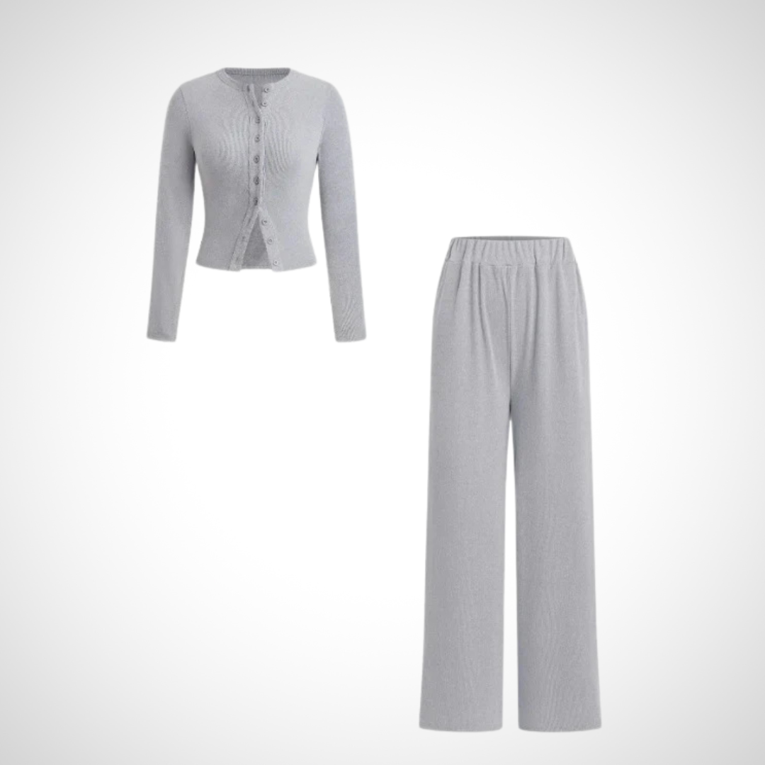 Teresa – Comfy Button Front Long Sleeve Top and Pants Set