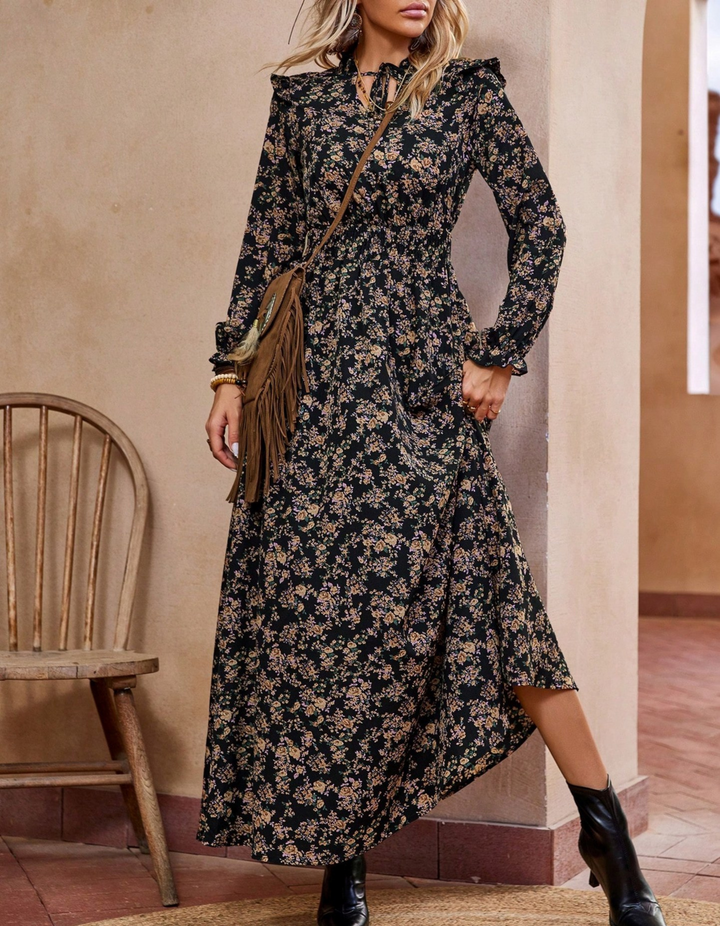 Sally – Elegant Long Sleeve Floral Print A-Line Dress
