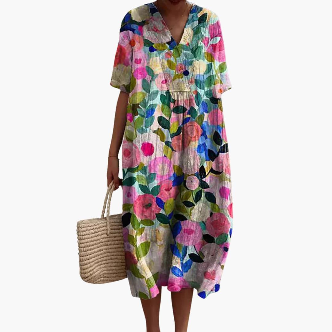 Shirley – Floral Cotton V-Neck Short Sleeve Oversized Casual Midi Dress