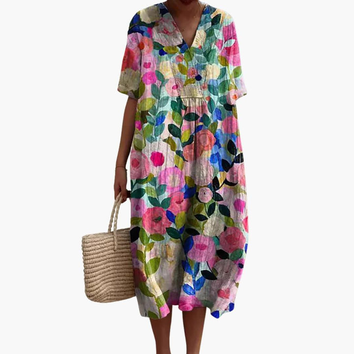 Shirley – Floral Cotton V-Neck Short Sleeve Oversized Casual Midi Dress