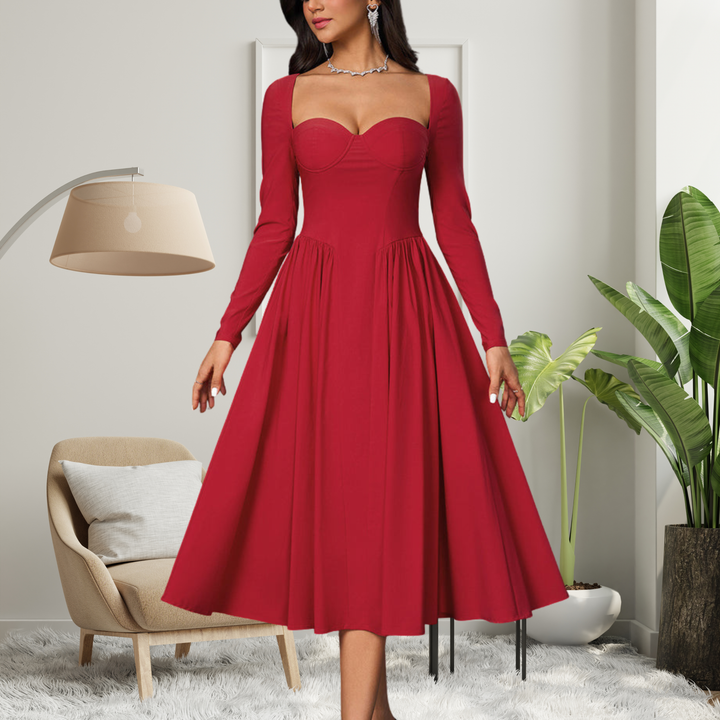 Cheryl – Elegant Heart Neckline Long Sleeve A-Line Maxi Dress