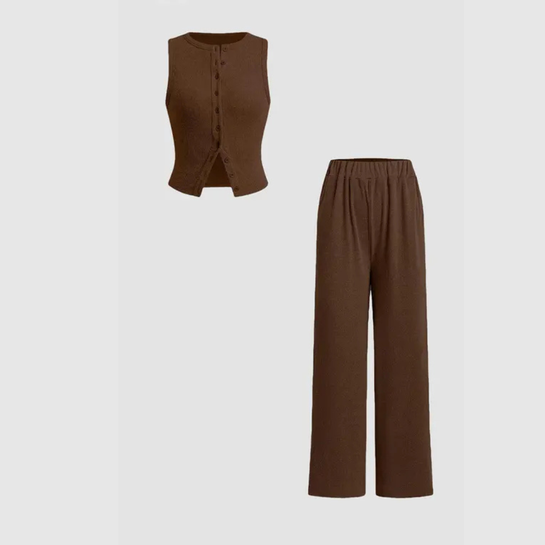 Claire – Elegant Ribbed Button Tank and Pants Set