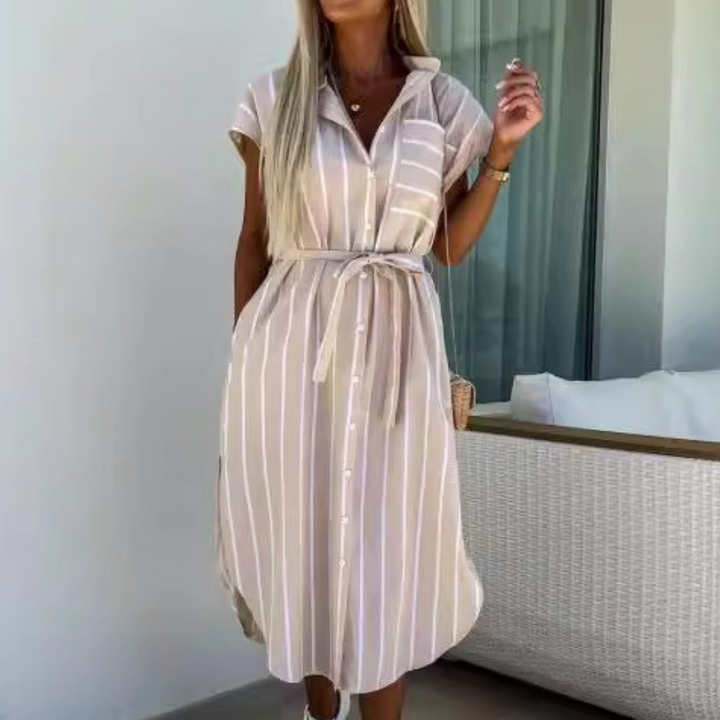 Lottie – Comfy Striped Belted Casual Midi Dress