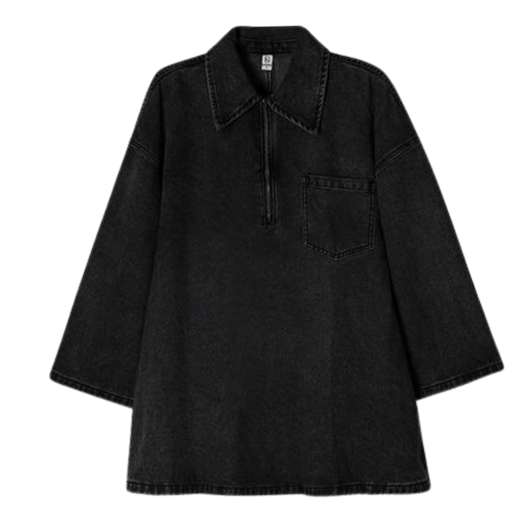 Maria – Loose Fit Half-Zip Collared Denim Dress with Chest Pocket