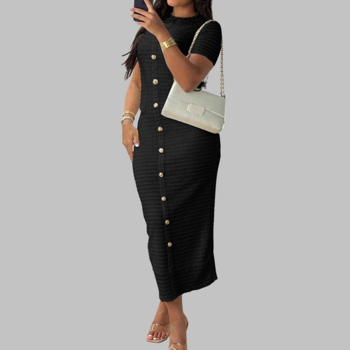 Rachel – Elegant Round Neck Faux Button Dress