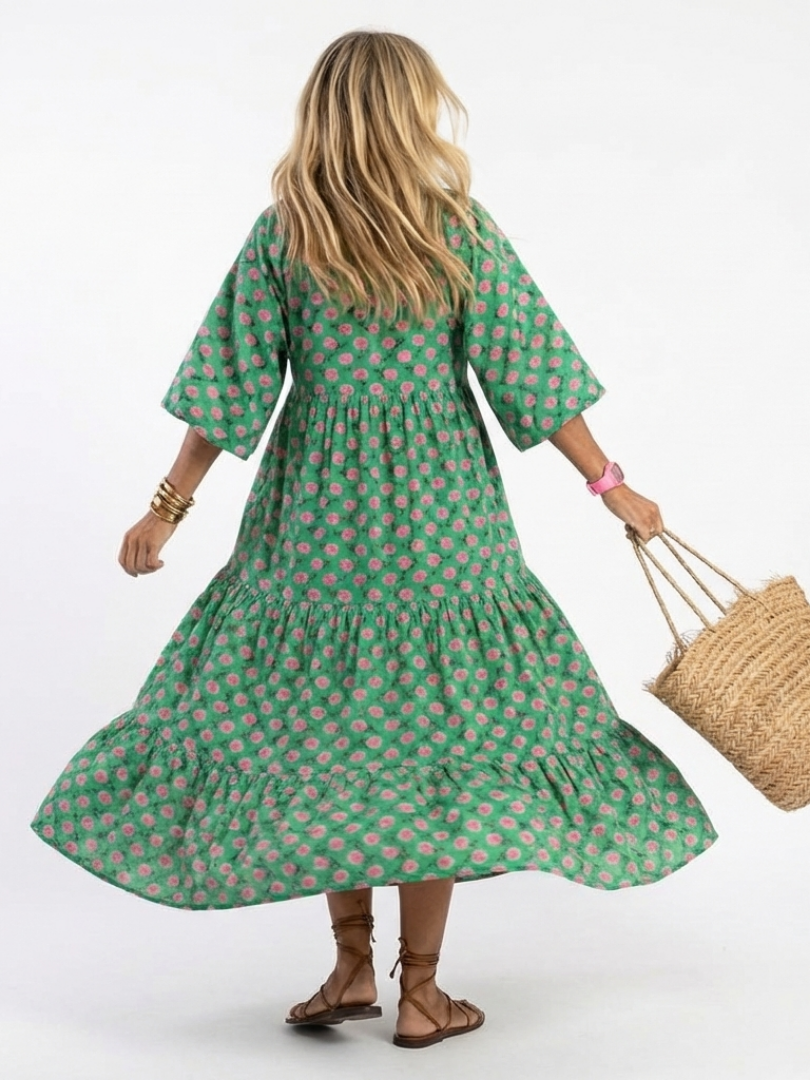 Betty – Floral Print V-Neck Tiered Midi Dress