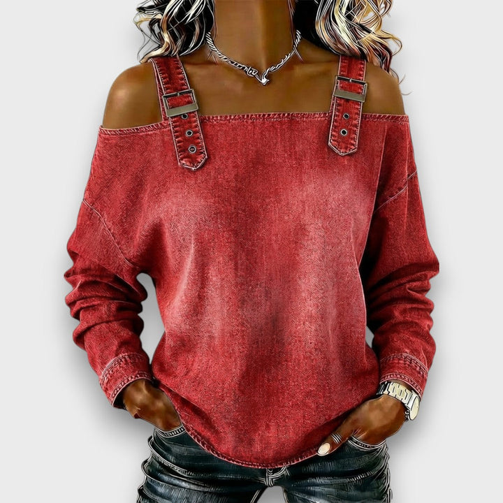 Danika – Off-Shoulder Denim-Look Long Sleeve Top