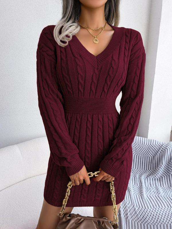 Holly – Cosy Long Sleeve V-Neck Cable Knit Sweater Dress