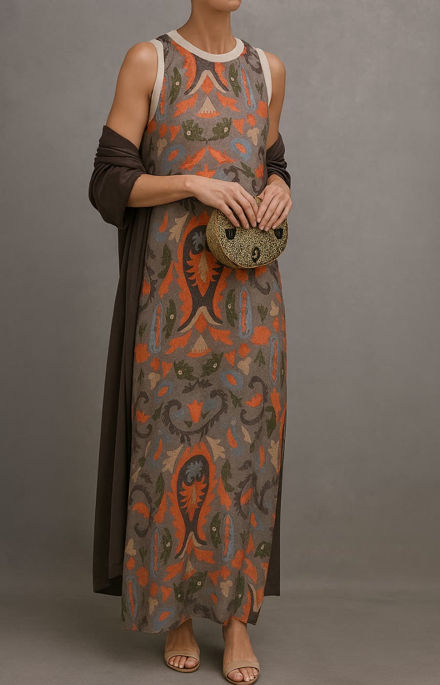 Pamela – Printed Maxi Dress and Vest Set