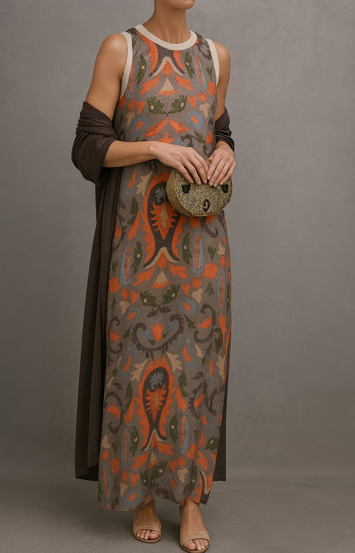 Pamela – Printed Maxi Dress and Vest Set