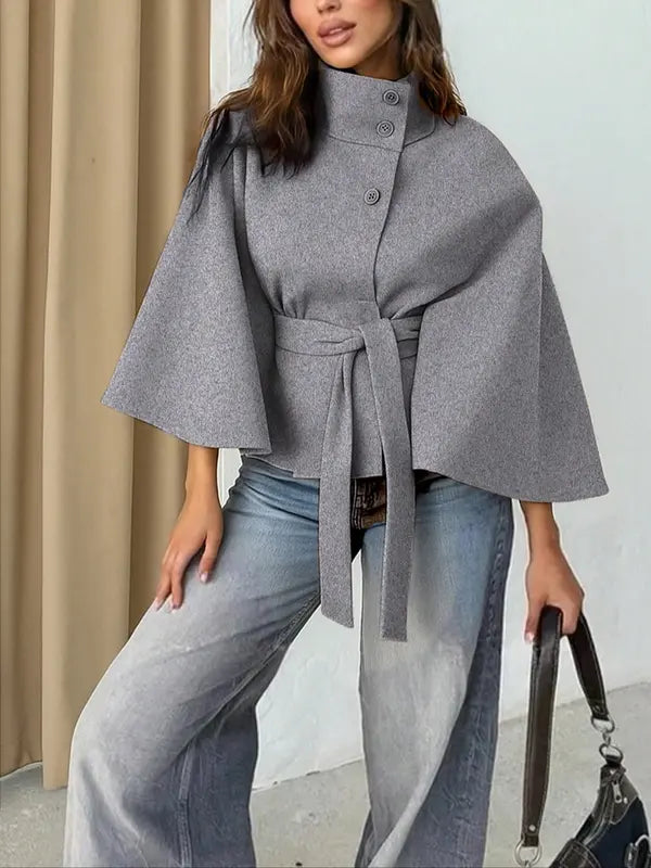 Thelma – Front Buckle Belted Wool Cape Coat