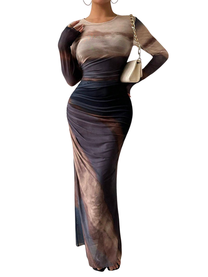 Sally – All-Over Print Ruched Bodycon Long Sleeve Round Neck Party Dress