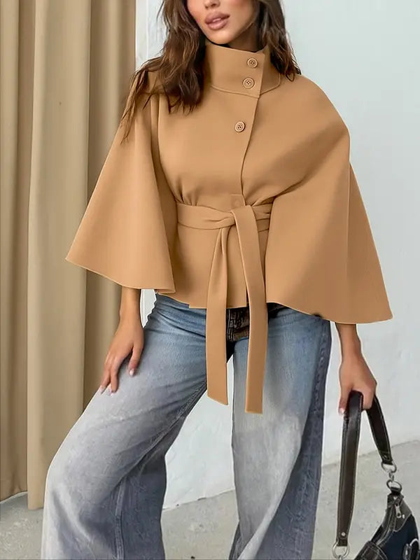 Thelma – Front Buckle Belted Wool Cape Coat