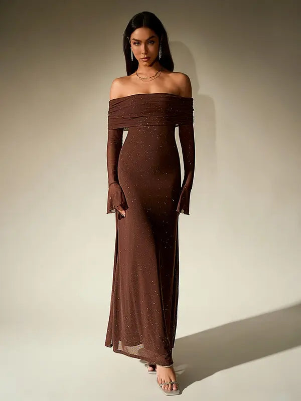 Andrea – Off-The-Shoulder Ruched Contrast Sequin Bodycon Dress