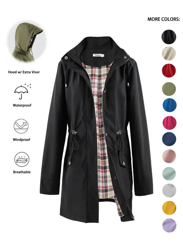 Sarah – Casual Drawstring Zip Up Hooded Trench Coat