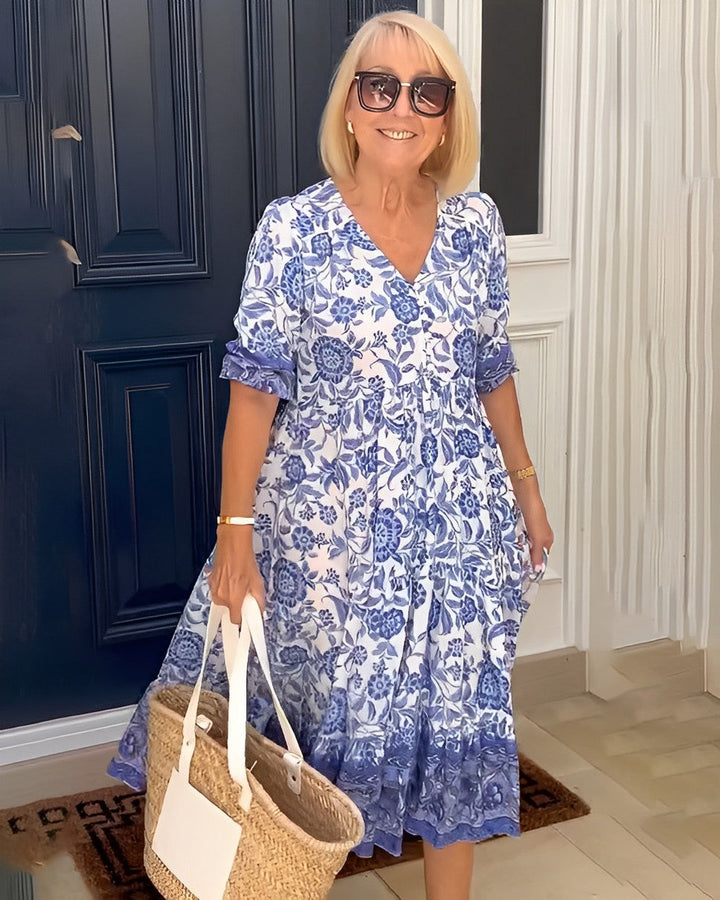 Sophie – Floral Midi Dress with Puff Sleeves