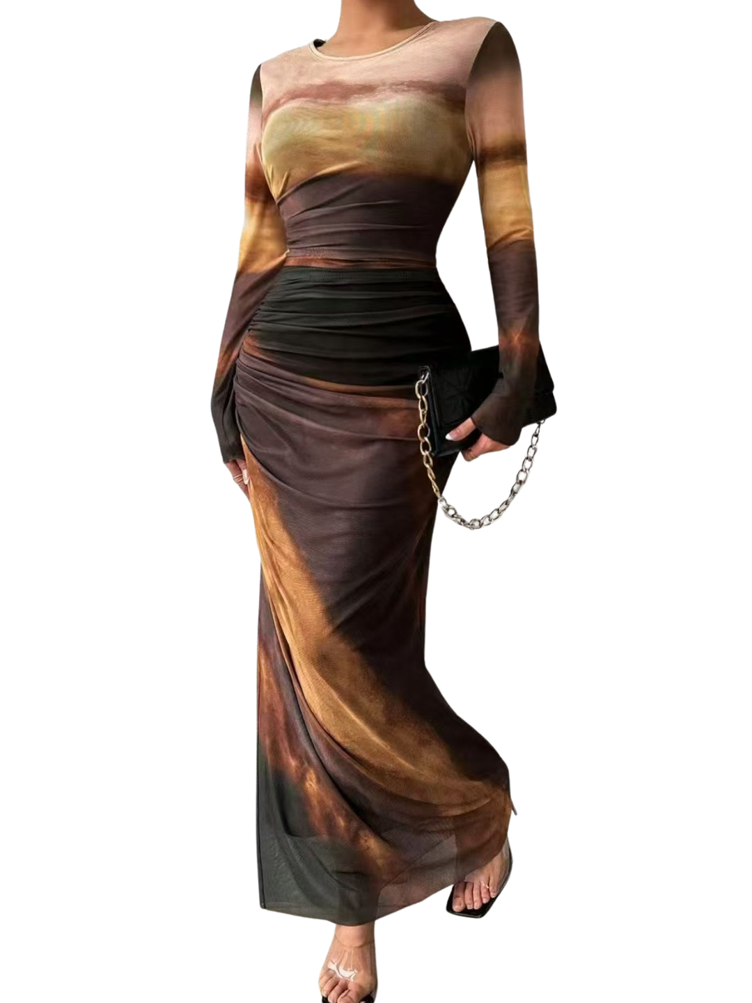 Sally – All-Over Print Ruched Bodycon Long Sleeve Round Neck Party Dress