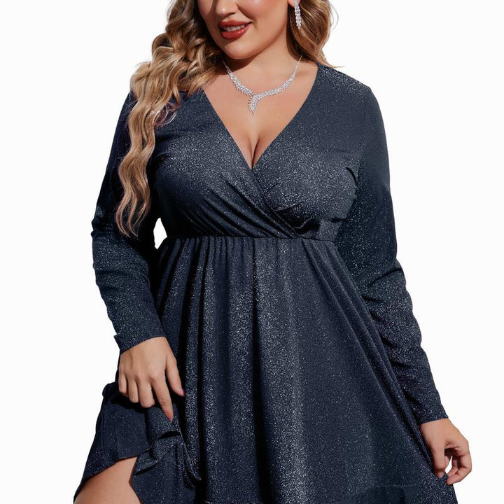 Eileen – Plus Size Glitter V-Neck Ruffle Hem Swing Cocktail Dress