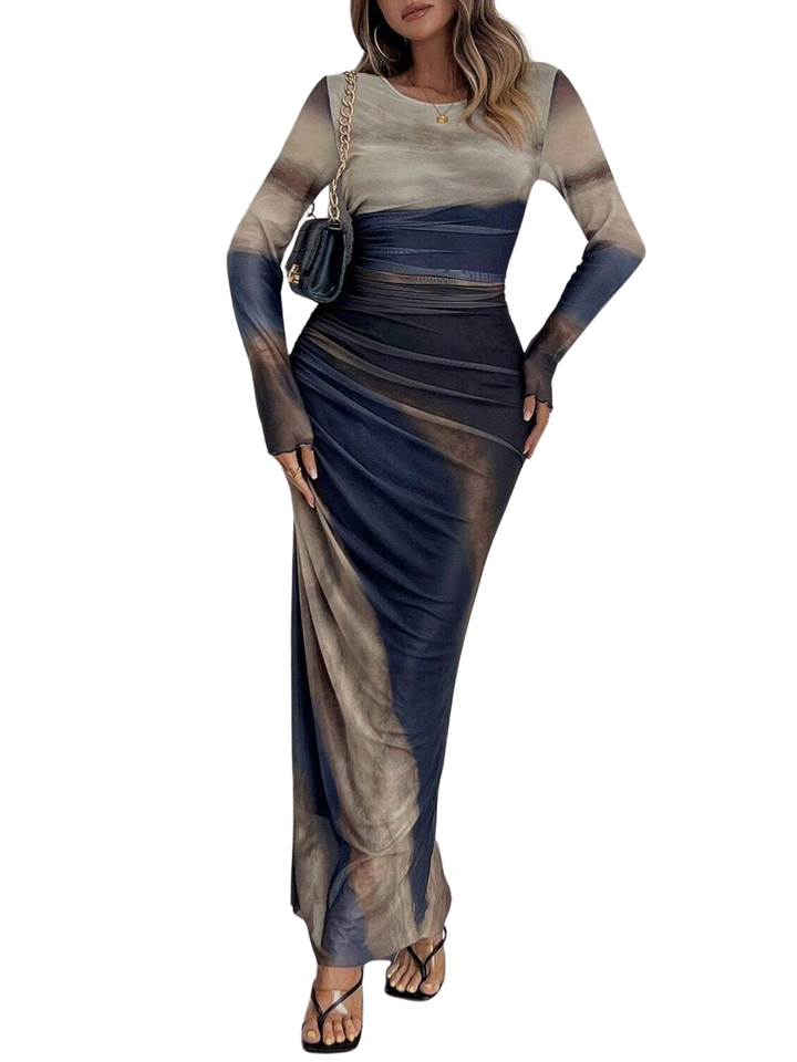 Sally – All-Over Print Ruched Bodycon Long Sleeve Round Neck Party Dress