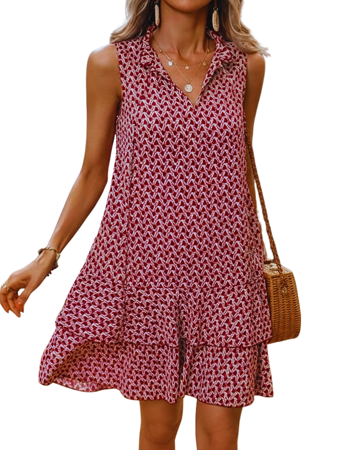 Dora – Geometric Print Bow Multi-Layer Cake Skirt Dress