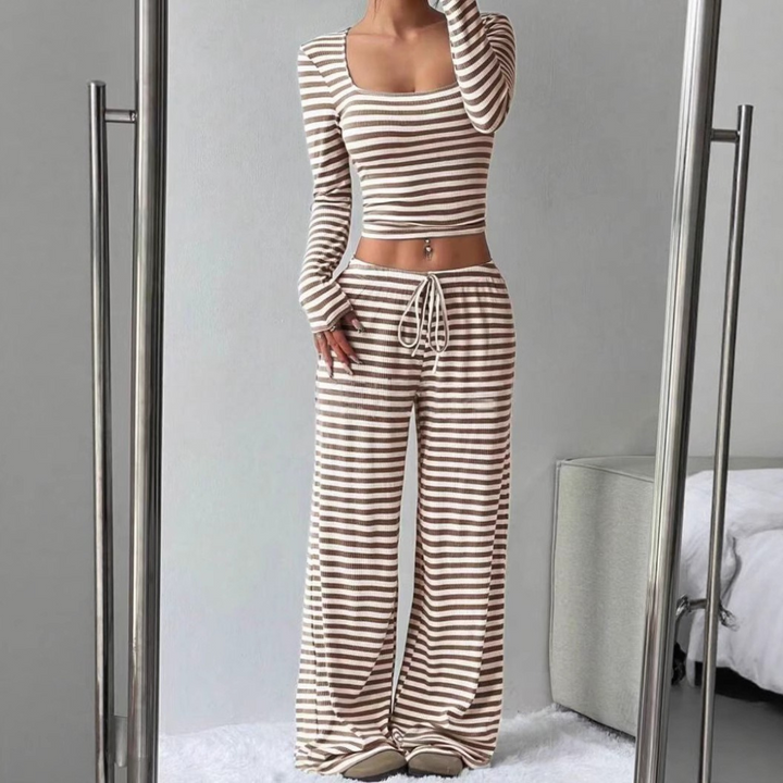 Stephanie – Ribbed Crop Top and Elastic Waist Pants Casual Set