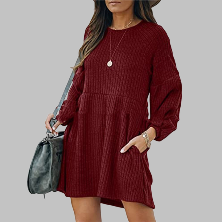 Anthea – Cosy Ribbed Bishop Sleeve Round Neck Mini Dress