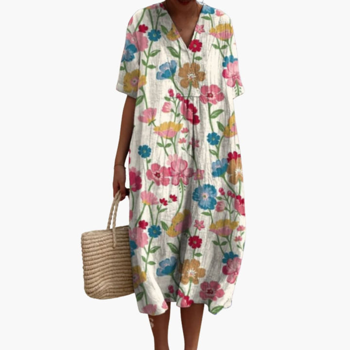 Shirley – Floral Cotton V-Neck Short Sleeve Oversized Casual Midi Dress