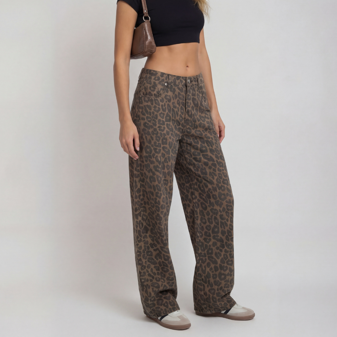Penelope – Casual Leopard Print Wide Leg Trousers