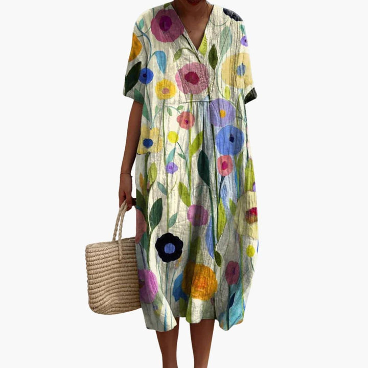 Shirley – Floral Cotton V-Neck Short Sleeve Oversized Casual Midi Dress