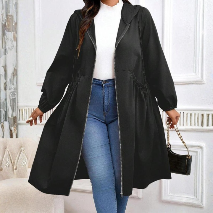 Sally – Casual Plus Size Drawstring Zip-Up Hooded Long Sleeve Coat