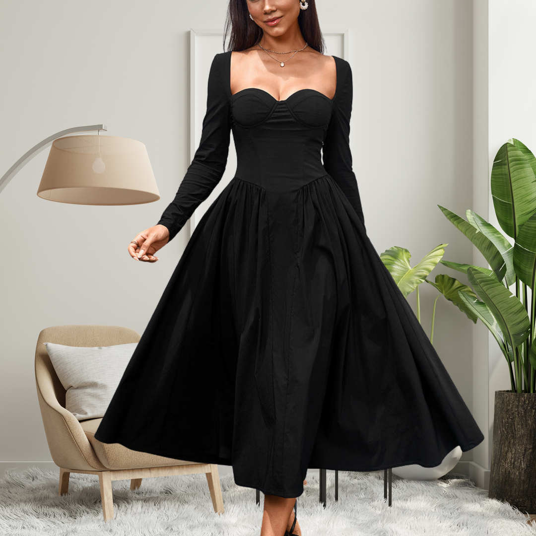 Cheryl – Elegant Heart Neckline Long Sleeve A-Line Maxi Dress