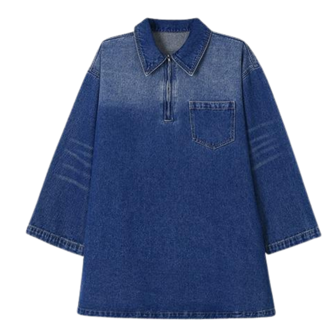 Maria – Loose Fit Half-Zip Collared Denim Dress with Chest Pocket