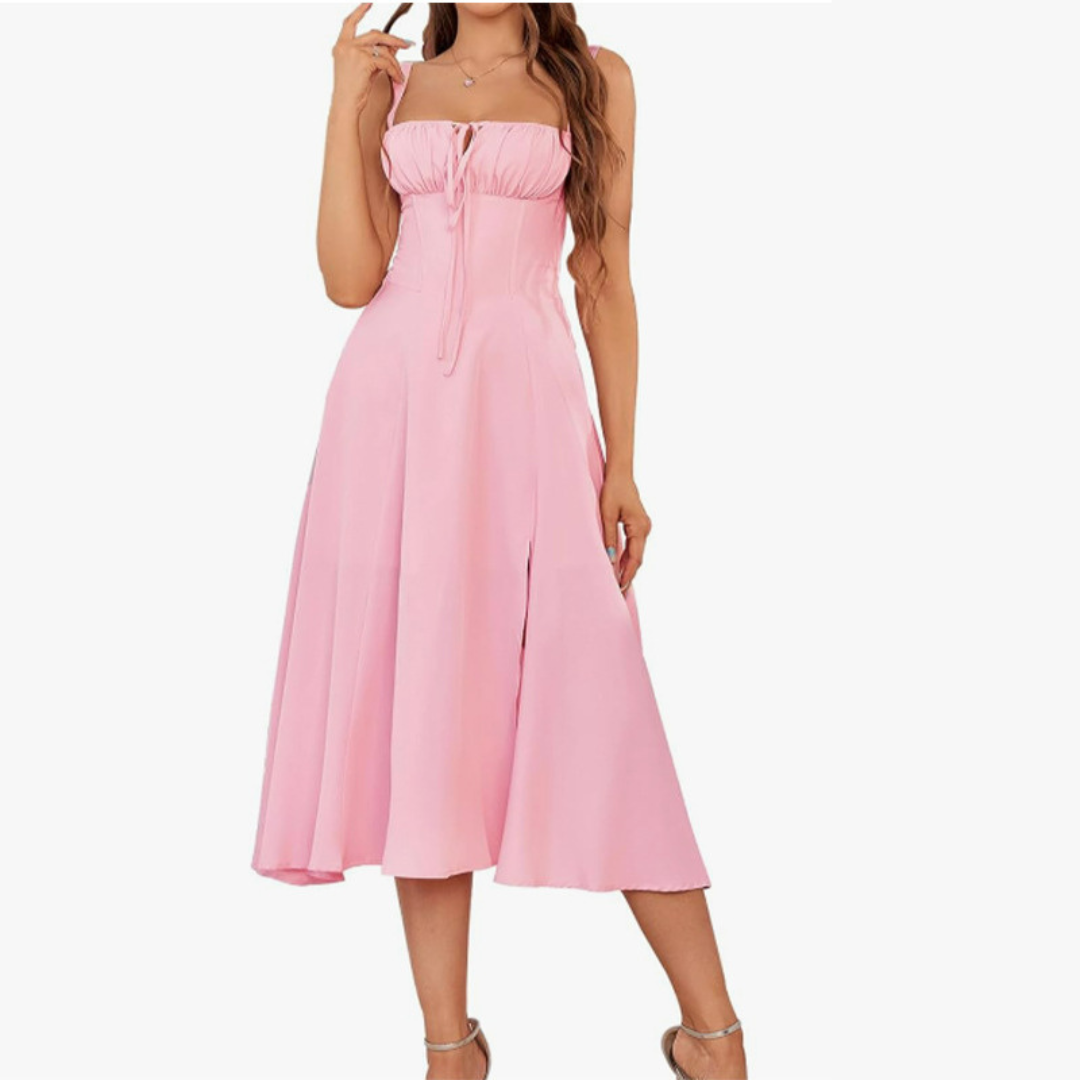 Anthea – Elegant Lace-Up Square Neck Midi Dress
