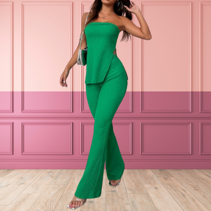 Jill – Elegant Split Hem Tube Top and High Waist Pants Set