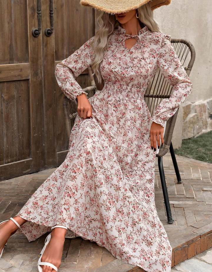 Sally – Elegant Long Sleeve Floral Print A-Line Dress