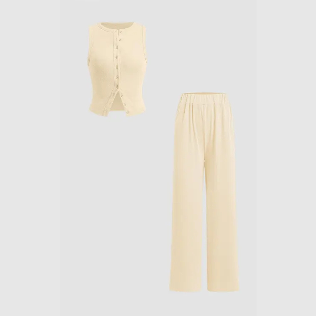Claire – Elegant Ribbed Button Tank and Pants Set