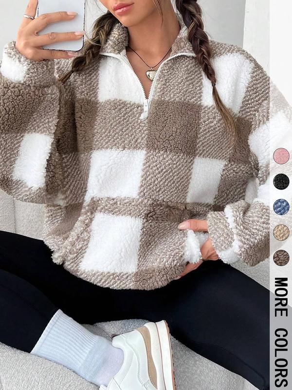 Jill – Stylish Plaid Print Half Zip Casual Long Sleeve Sweatshirt