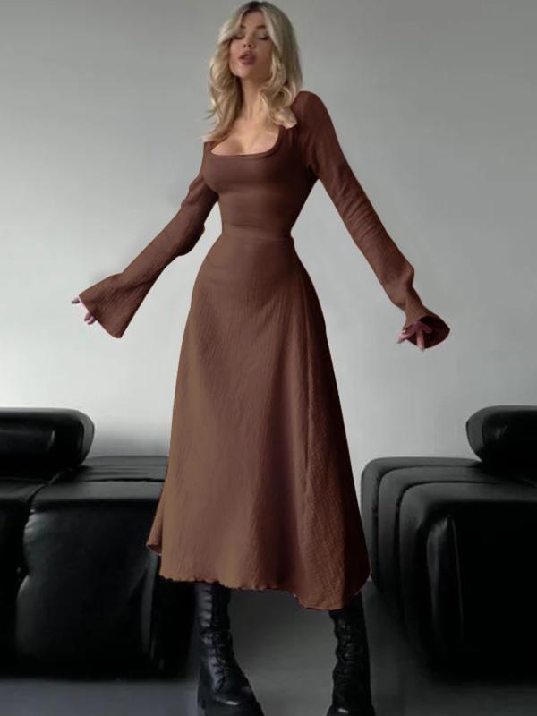 Erin – Sophisticated Lace-Up Tie Back Flounce Sleeve A-Line Long Dress