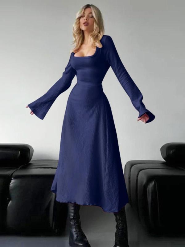 Erin – Sophisticated Lace-Up Tie Back Flounce Sleeve A-Line Long Dress