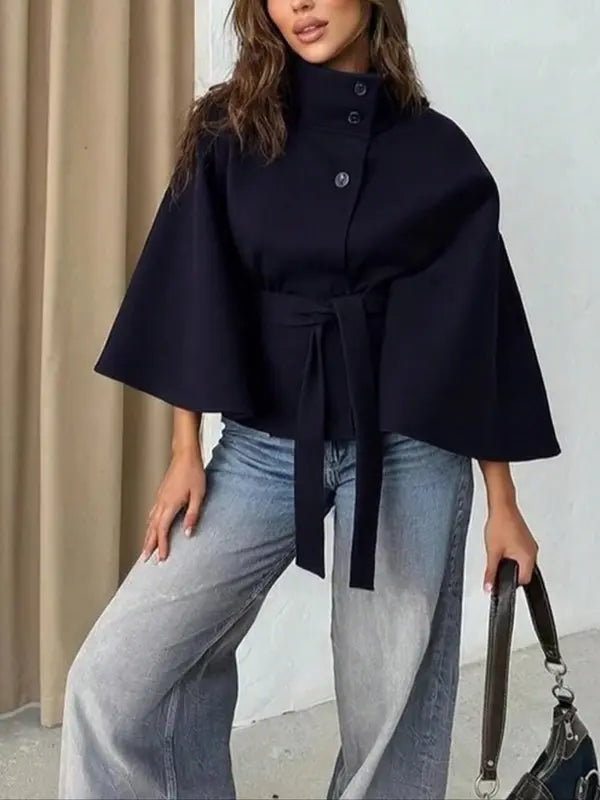 Thelma – Front Buckle Belted Wool Cape Coat