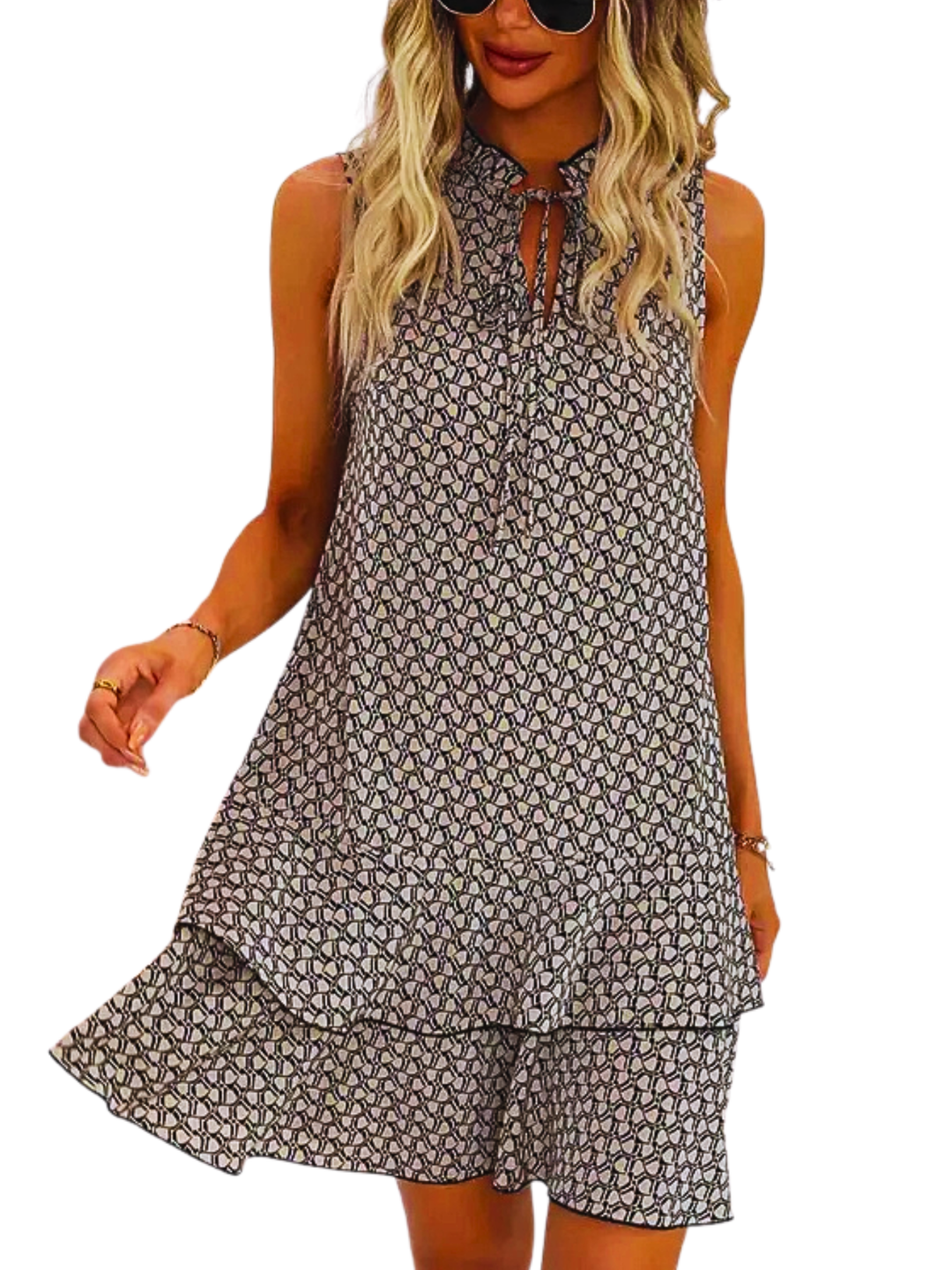 Dora – Geometric Print Bow Multi-Layer Cake Skirt Dress